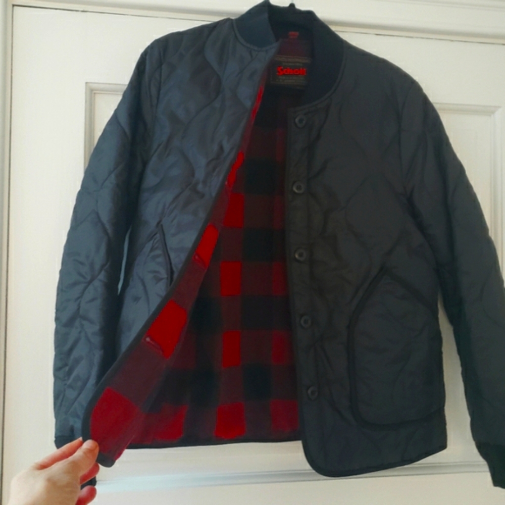 Schott- Quilted Black Nylon Jacket Red Plaid Interior